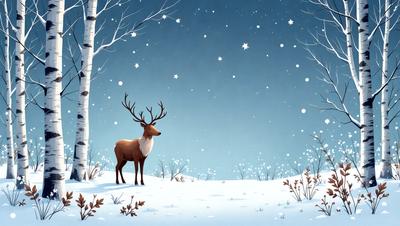 Primary subject: A deer with antlers standing in the snow.

Setting/background: The deer is standing in a snowy field with trees in the background.

Visual style: The image is a digital art illustration.

Colors and mood: The image is in black and white, giving it a classic and timeless feel. The snowy field and trees create a serene and peaceful atmosphere.
